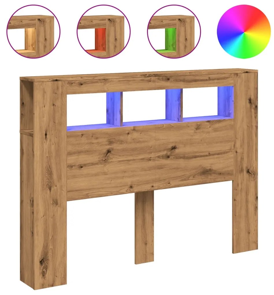 kézműves tölgyszínű szerelt fa LED-es fejtámla 140x18,5x103,5cm
