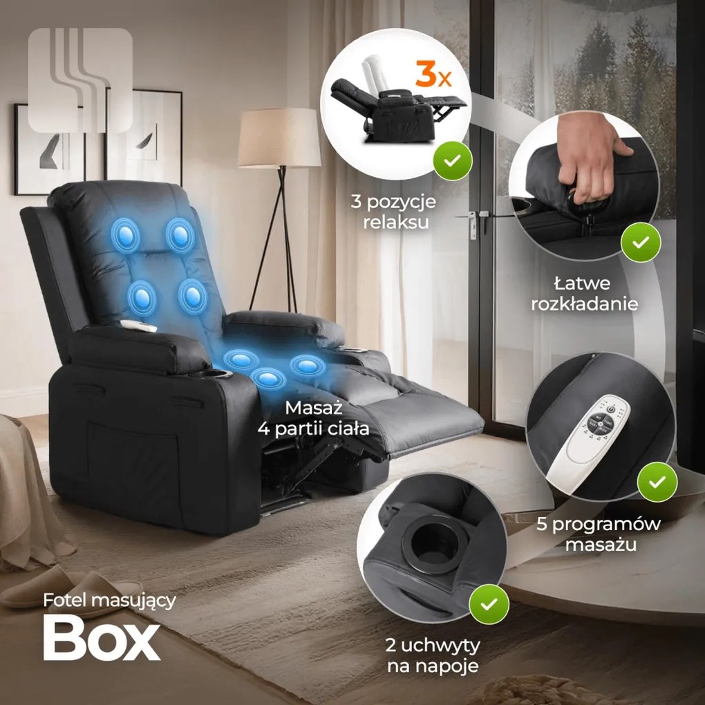 Elektromosan Vezérelhető Masszázsfunkciós Relaxfotel Fekete Eco-bőr Kárpittal. BOX