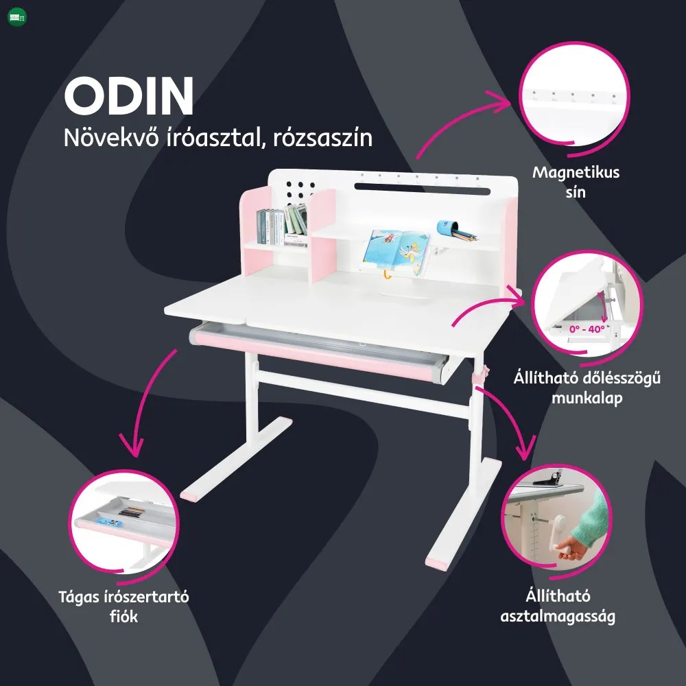 Növekvő íróasztal, rózsaszín/fehér, ODIN