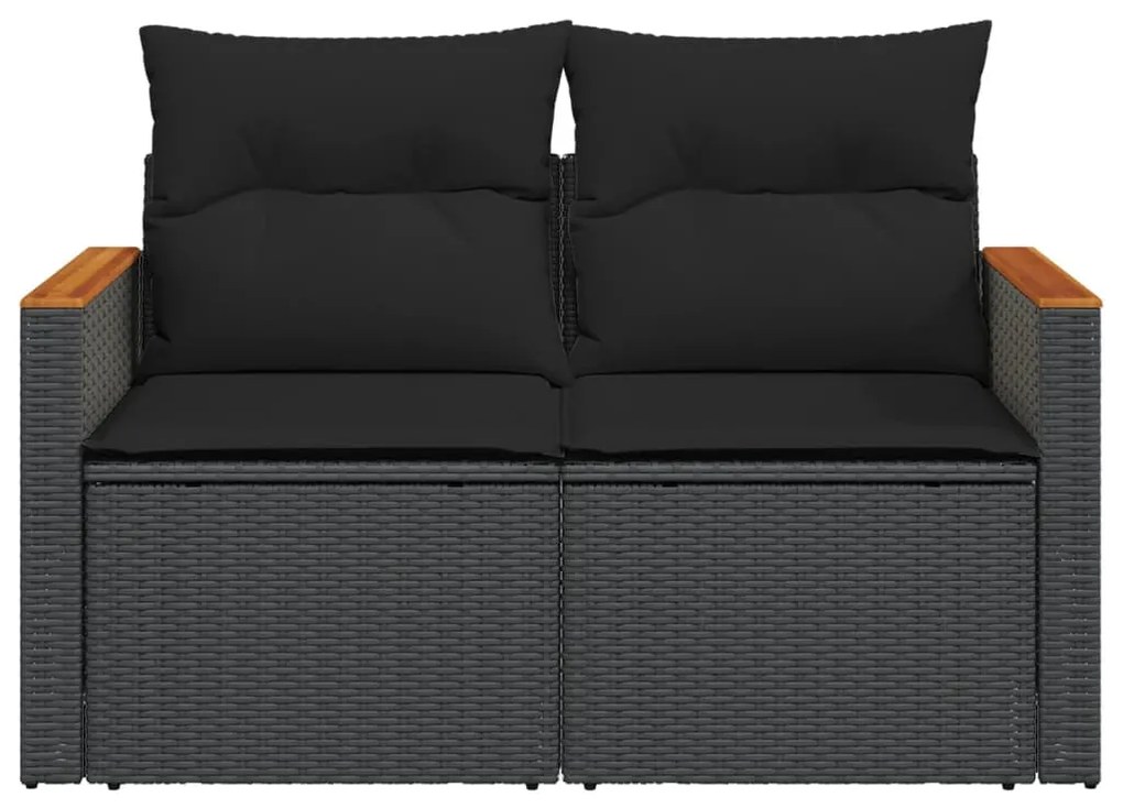 2 személyes fekete polyrattan kerti kanapé párnával