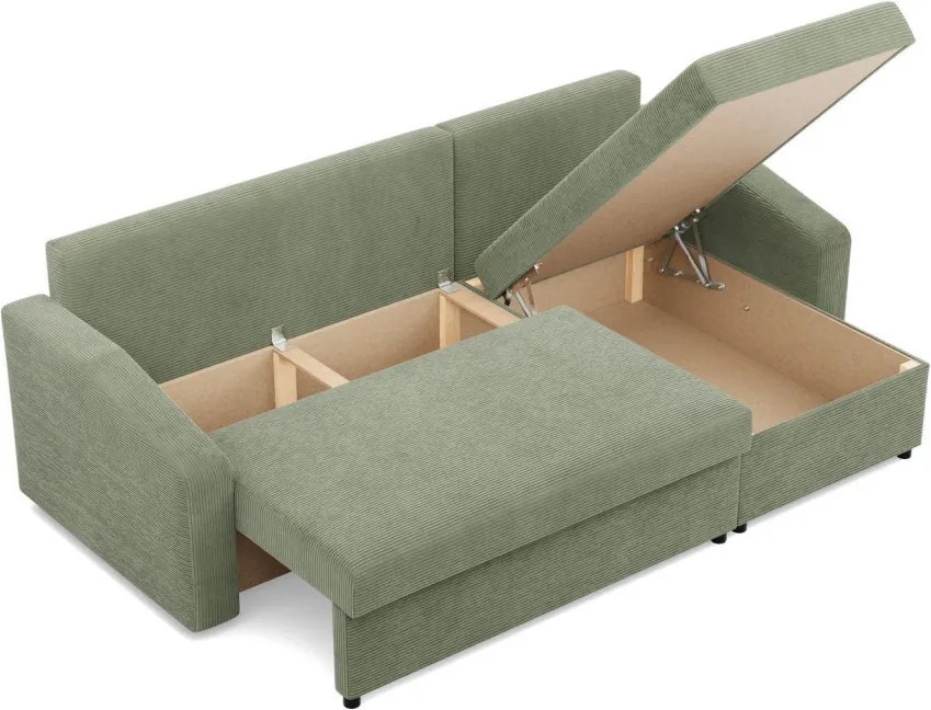 Zeus sarokkanapé, 2 ágyneműtartóval, döntött kartámasz, kordbársony, univerzális oldal, hab töltet, zöld