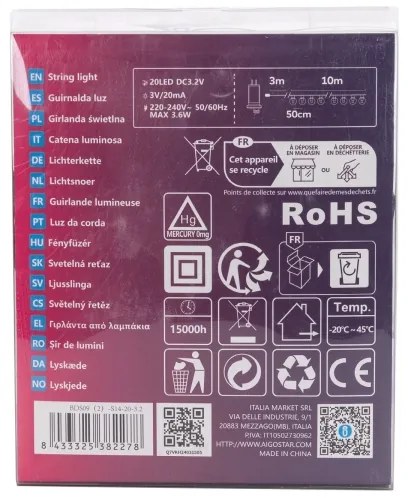 Aigostar - LED kültéri dekorációs füzér 20xLED/13m IP44 hideg fehér