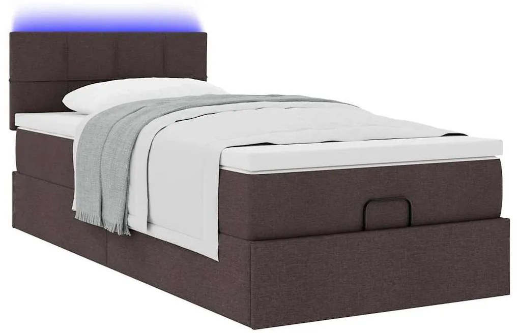 sötétbarna szövet ottomán ágy matraccal &amp; LED-ek 90x200 cm