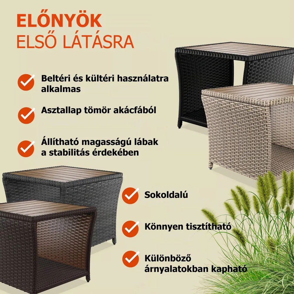 ROCCO polyrattan oldalasztal akácfával, 40x45x45cm, fekete/barna Casaria