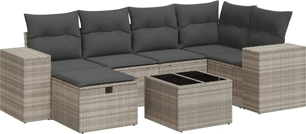 vidaXL 7 részes világosszürke polyrattan kerti ülőgarnitúra párnákkal