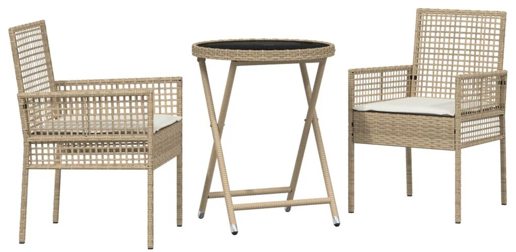 3 darabos Kerti Bistro Szett párnákkal Bézs Poly Rattan