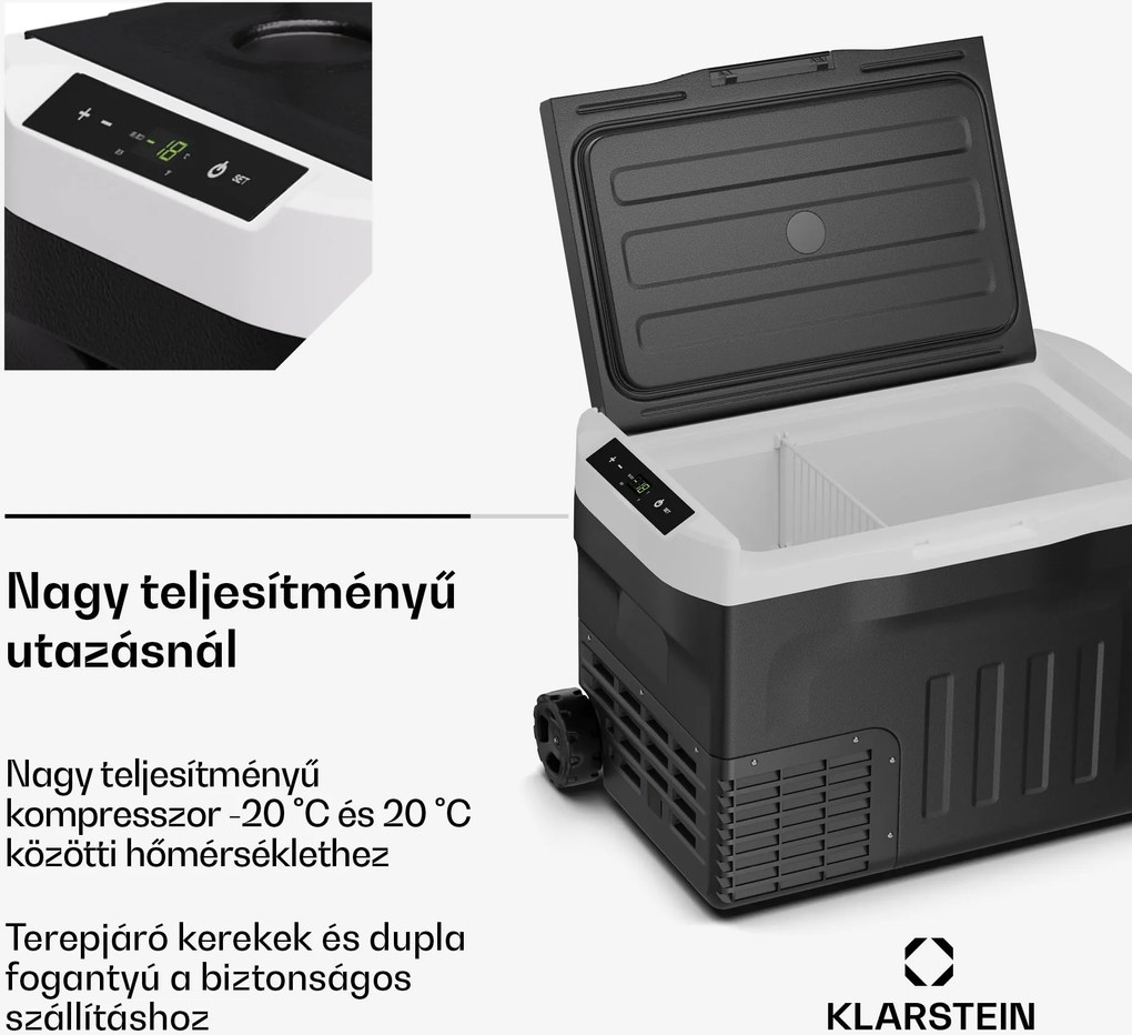 Klarstein PolarForce 30L kompresszoros hűtődoboz, LCD panel, világítás, off-road, akkumulátorvédelem, 12V/230V