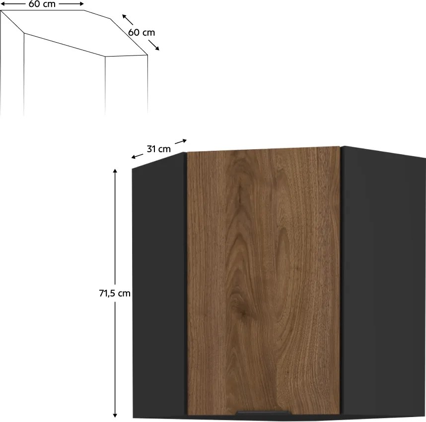 Felső sarokszekrény okapi dió/fekete, MENZO 60x60 GN-72 1F
