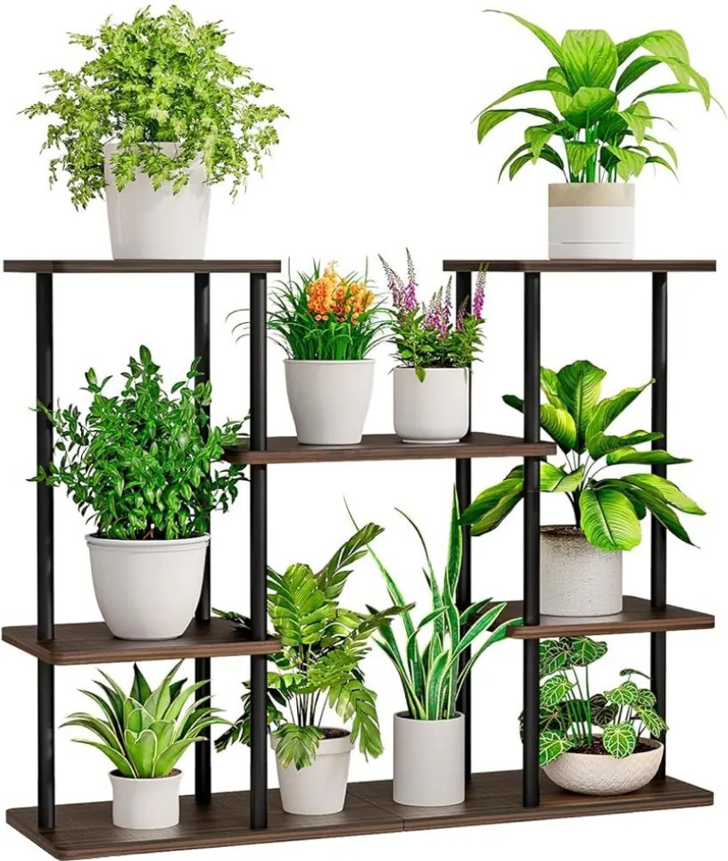 Fém virágtartó állvány, fekete/rusztikus fa, LEDER