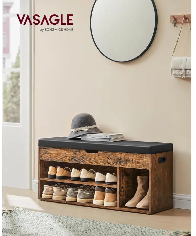 Cipőtároló pad, párnázott ülőfelülettel, 100x30x44 cm, rusztikus barna