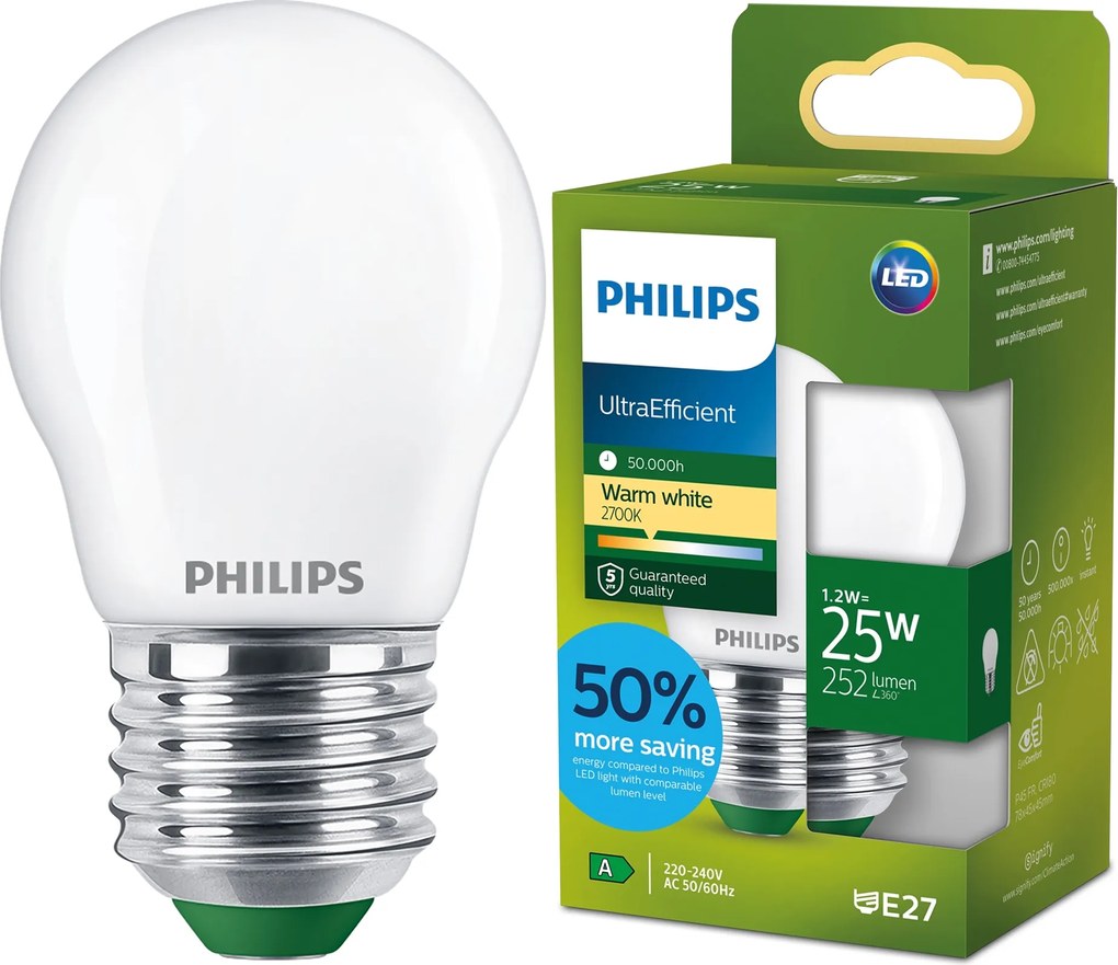 Led izzó E27 Golyó P45 1.2W 25W 252lm 210lm/W 2700K A-osztály Philips