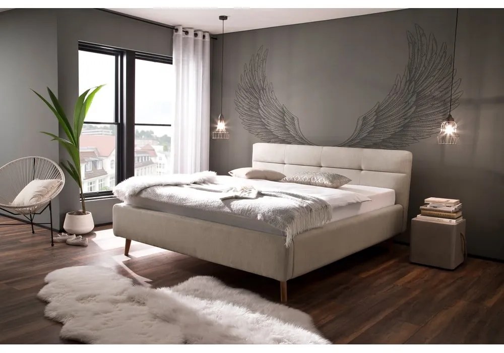 Bézs kárpitozott ágyneműtartós franciaágy ágyráccsal 160x200 cm Lotte – Meise Möbel
