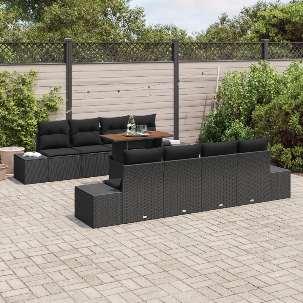 7 részes Kert Sofa Szett Párnákkal Fekete Poli Rattan