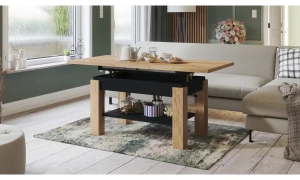 Bővíthető dohányzó- és étkezőasztal polccal ADONIS craft tölgy/fekete