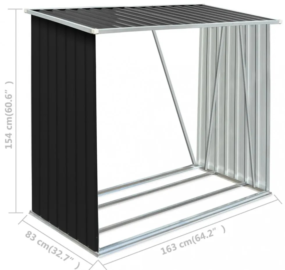 antracit horganyzott acél kerti tűzifatároló 163 x 83 x 154 cm