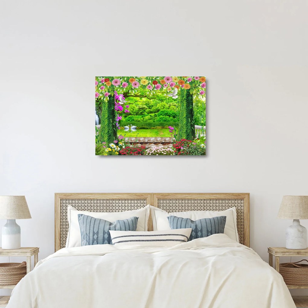 Kép - Varázslatos kert hattyúkkal (üvegen) (70x50 cm)