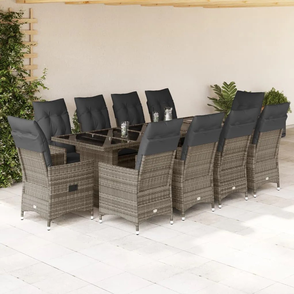 11 részes szürke polyrattan kerti bisztrógarnitúra párnákkal