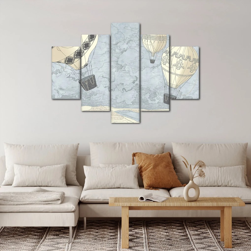Kép - léggömbök a város felett, hűvös tónusok (150x105 cm)