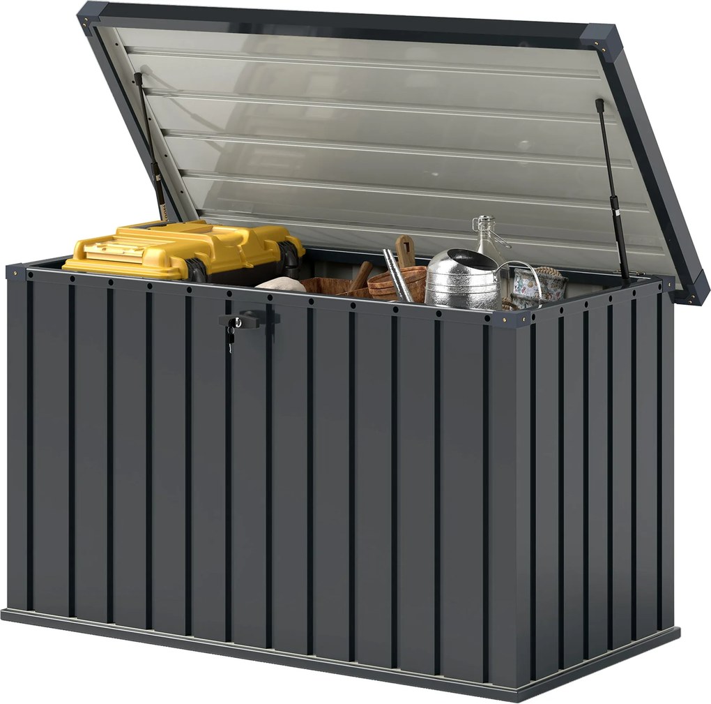 Outsunny 400L Külső Tárolódoboz Kettős Gázrugós Fedéllel, Zárral és 2 Kulccsal, Vízálló Galvanizált Acél Tárolódoboz, 124x66x72 cm, Sötétszürke | Aoso