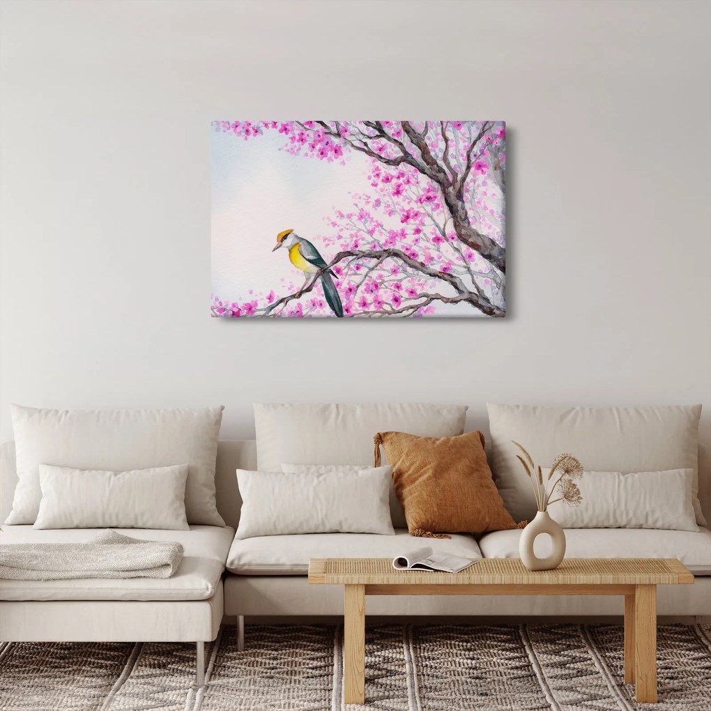 Kép - Madár egy fán rózsaszín virágokkal (90x60 cm)