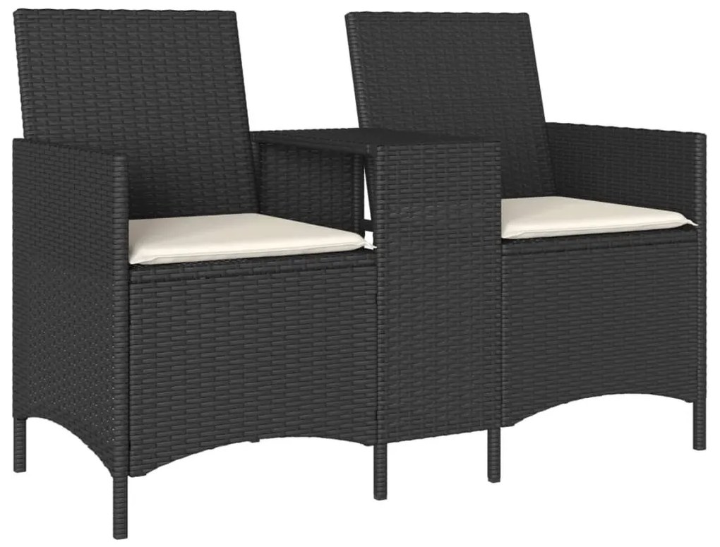 2 személyes fekete polyrattan kerti kanapé asztallal / párnával