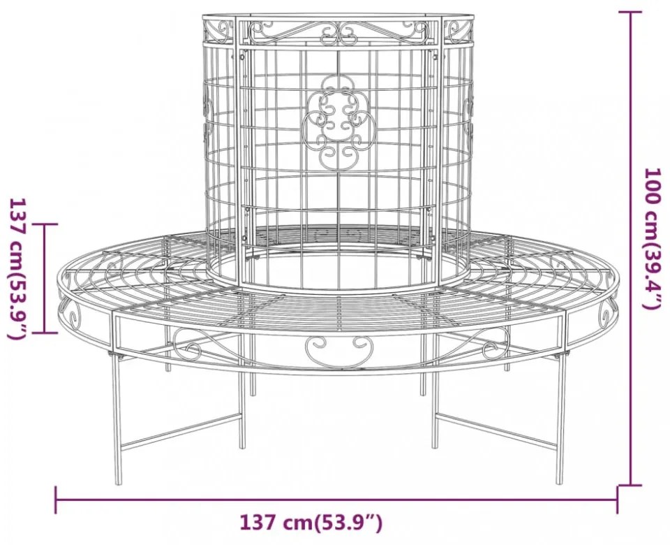 fekete acél kör alakú fa körüli pad Ø137 cm