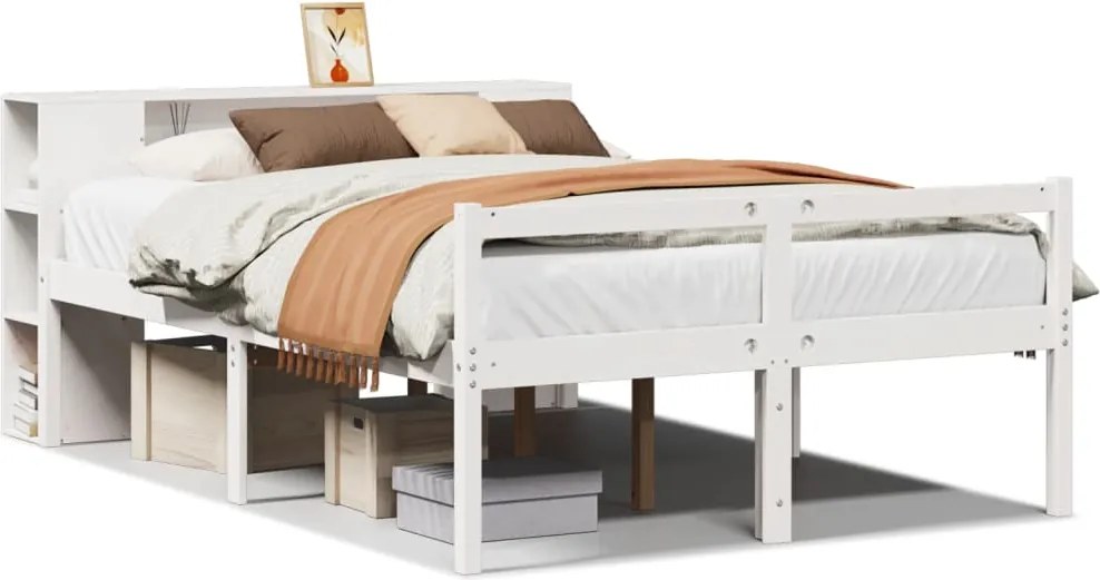 vidaXL fehér tömör fenyőfa könyvespolcos ágy matrac nélkül 140x190 cm