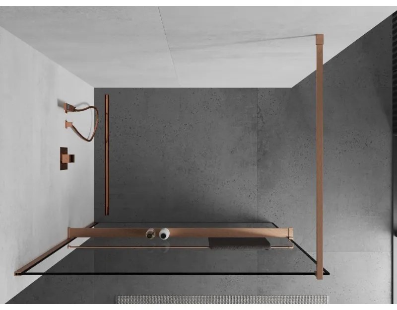 Mexen Kioto+, Walk-In zuhanyparaván polccal és akasztóval 80 x 200 cm, 8 mm átlátszó üveg fekete mintás, réz matt profil, 800-080-121-65-70