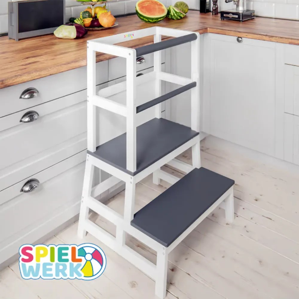 Spielwerk PLAY tanulótorony fenyőfa, 93x56x49cm, fehér/antracit