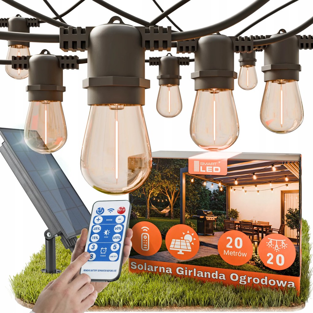 Napelemes kerti girland napelemes lámpa 20m 20X E27 Led izzó távirányító