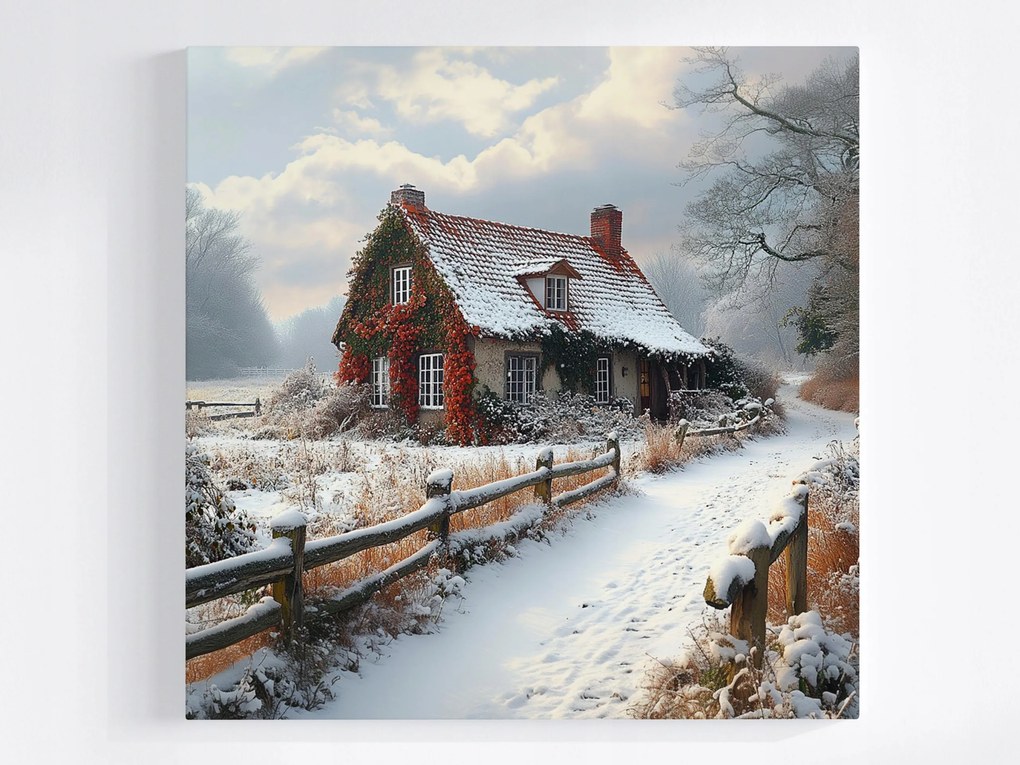 Vászonkép Canvas Téli Tájkép Házikó Falu Hó Tél 40x40