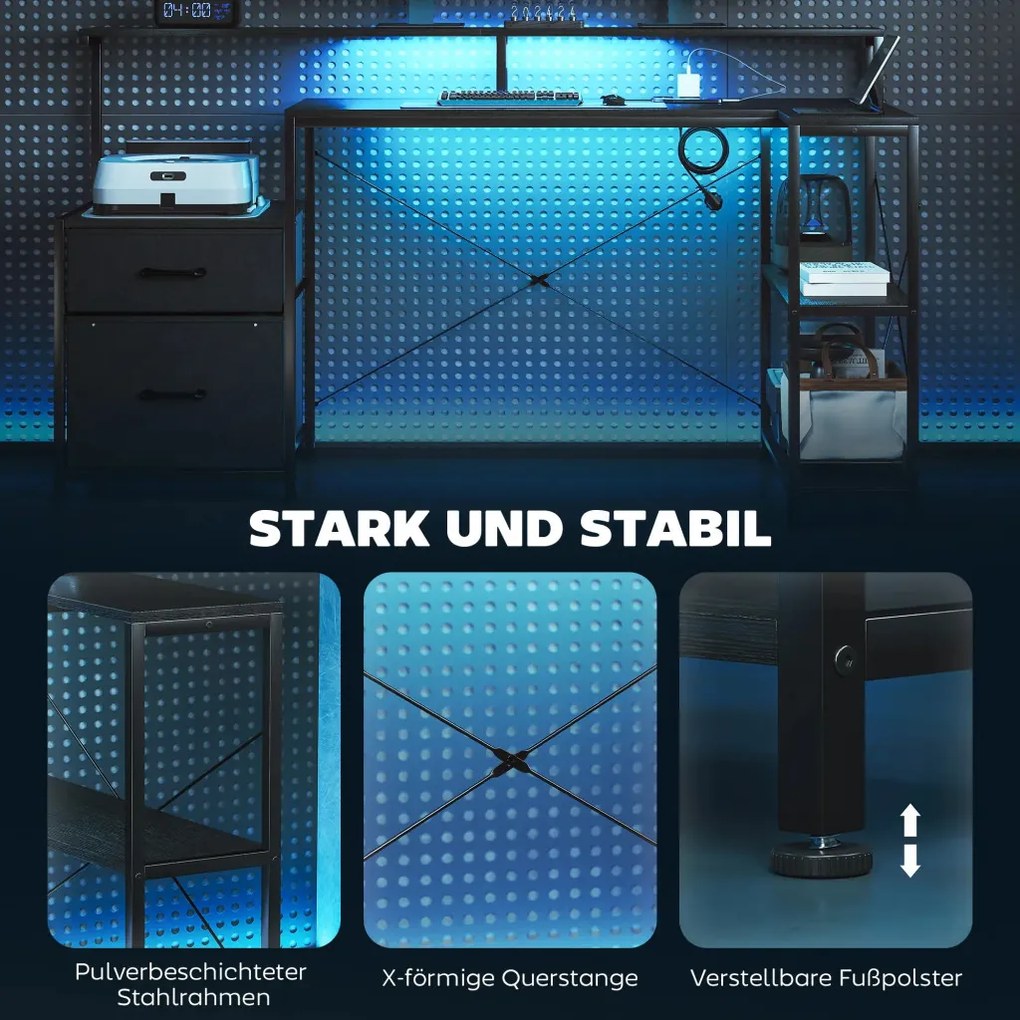HOMCOM Gamer asztal LED-del és konnektorokkal, dupla monitoros állvánnyal, fekete