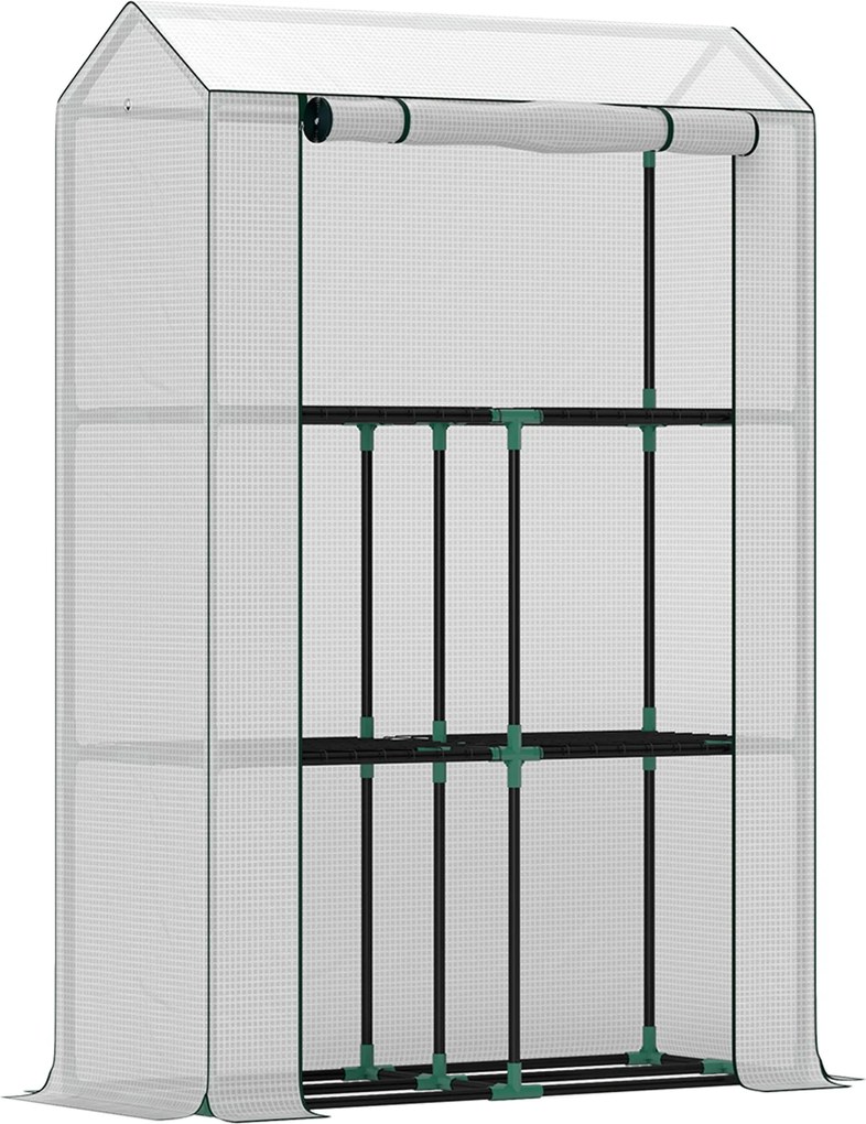 Outsunny Üvegház Polcokkal, Rollejtáros Ajtóval, Télálló Acélváz Üvegház, Üvegház Erkélyre, Kertbe, Paradicsomház UV Védelemmel 100x40x150cm | Aosom