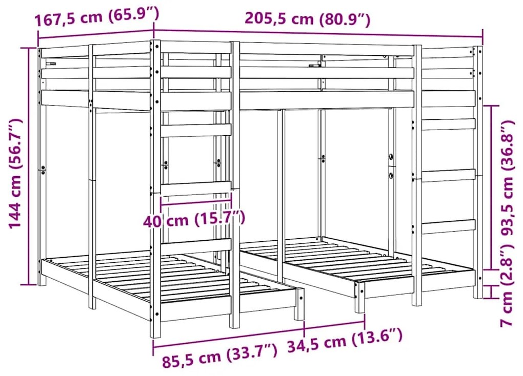 vidaXL Háromszintes emeletes ágykeret Barna 160 x 200 cm Tömör fenyőfa