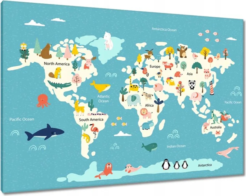 Vászonkép 100x70 Világtérkép állatokkal