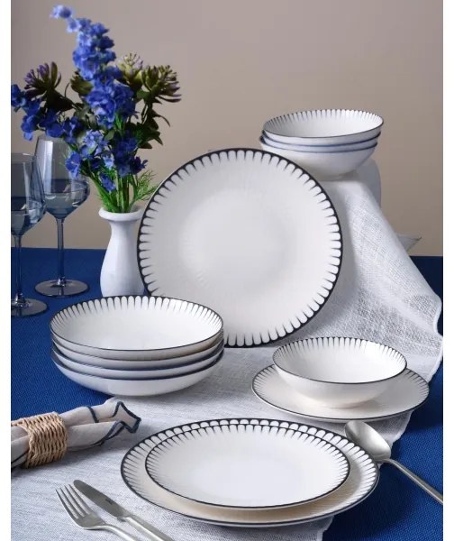 24 részes étkészlet, fehér/fekete, porcelán