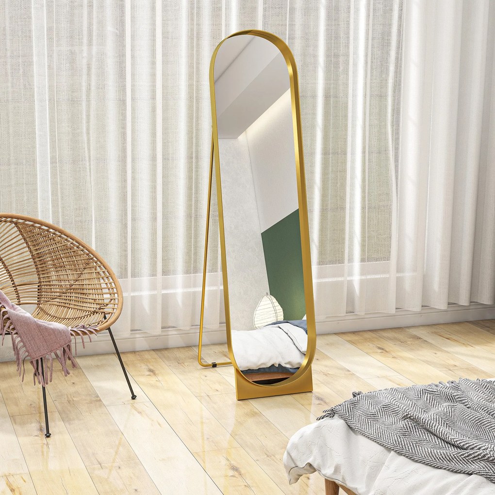 HOMCOM Ívelt Álló Tükör 40 x 160 cm, nagy tükör fémből készült kerettel és törésálló filmmel, álló vagy falnak dőlve, hálószobába, nappaliba és öltöző