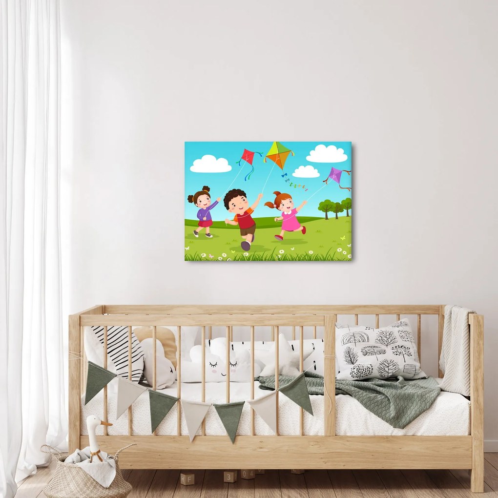 Kép - Sárkányrepülőt éngedő gyermekek (70x50 cm)