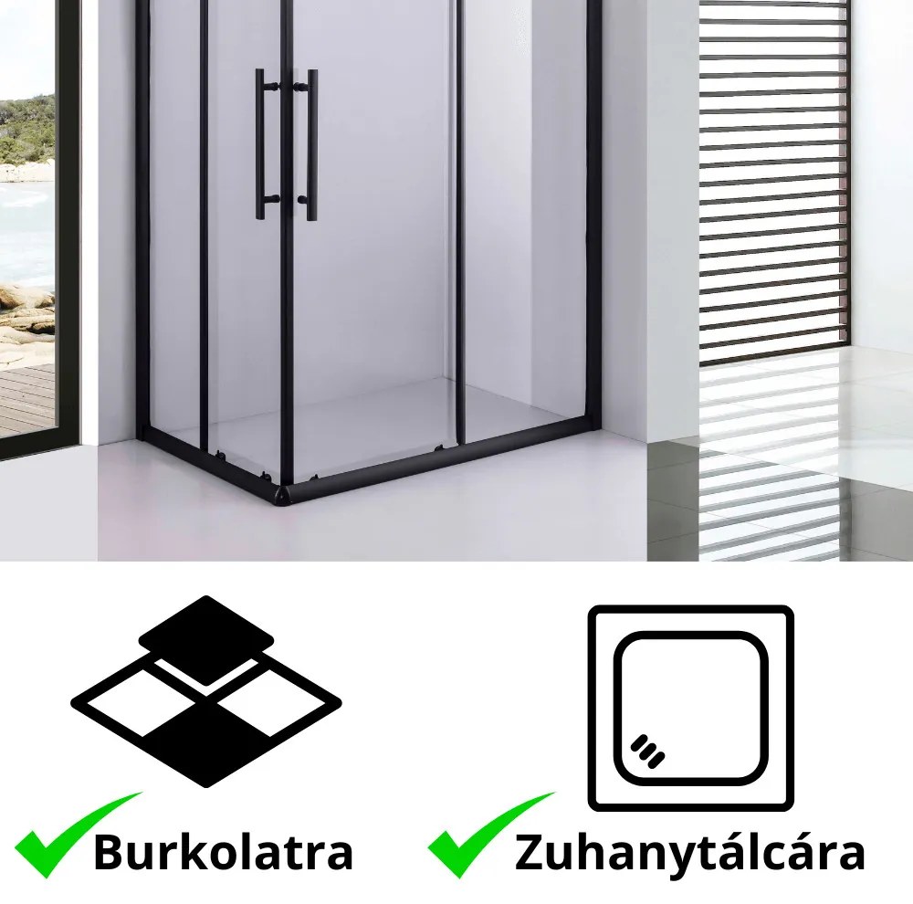 Stuxi Nizza Black 120x80 cm aszimmetrikus két tolóajtós zuhanykabin 6 mm vízlepergető biztonsági üveggel, fekete elemekkel, 190 cm magas, zuhanytálcával és szifonnal