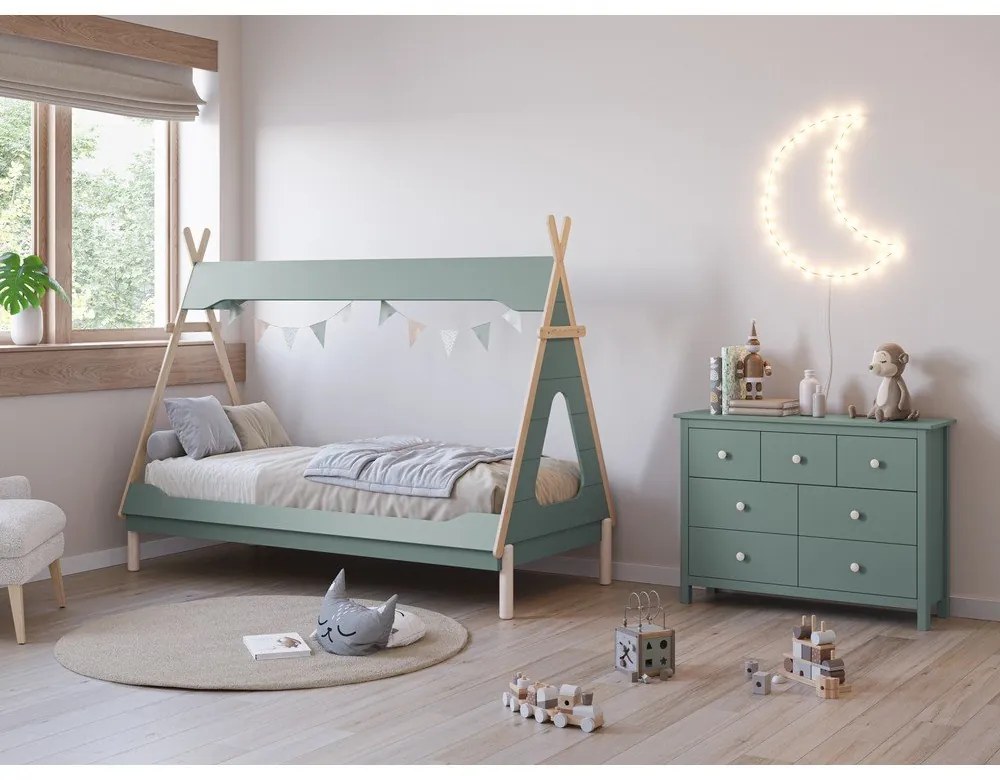 Petróleumkék házikó alakú borovi fenyő gyerekágy 90x190 cm Nora – Marckeric