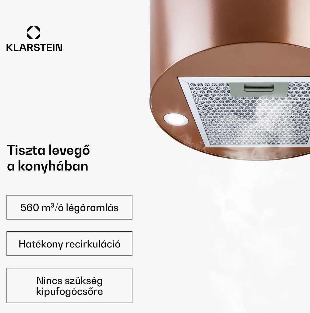 Klarstein Barett, sziget páraelszívó, Ø 35 cm, légkeringetés, 590 m³/ó, LED, aktívszén szűrő, réz