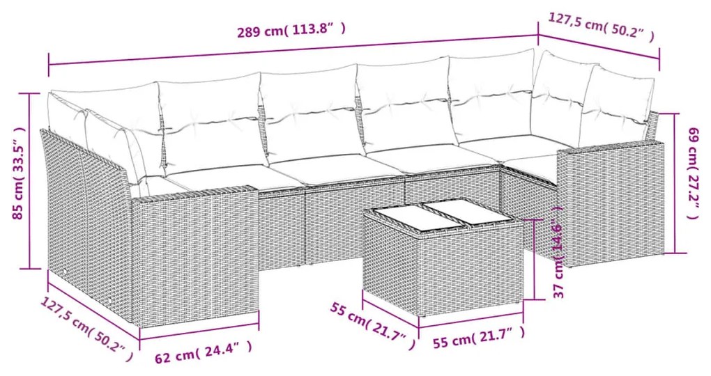 8 részes bézs polyrattan kerti ülőgarnitúra párnával