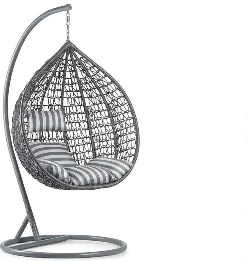 Szürke KOKON függőszék állvánnyal, fehér-szürke párnával