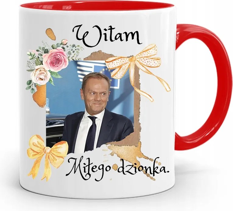 Donald Tusk Piros Bögre Platform Ajándék fényképes nyomtatással