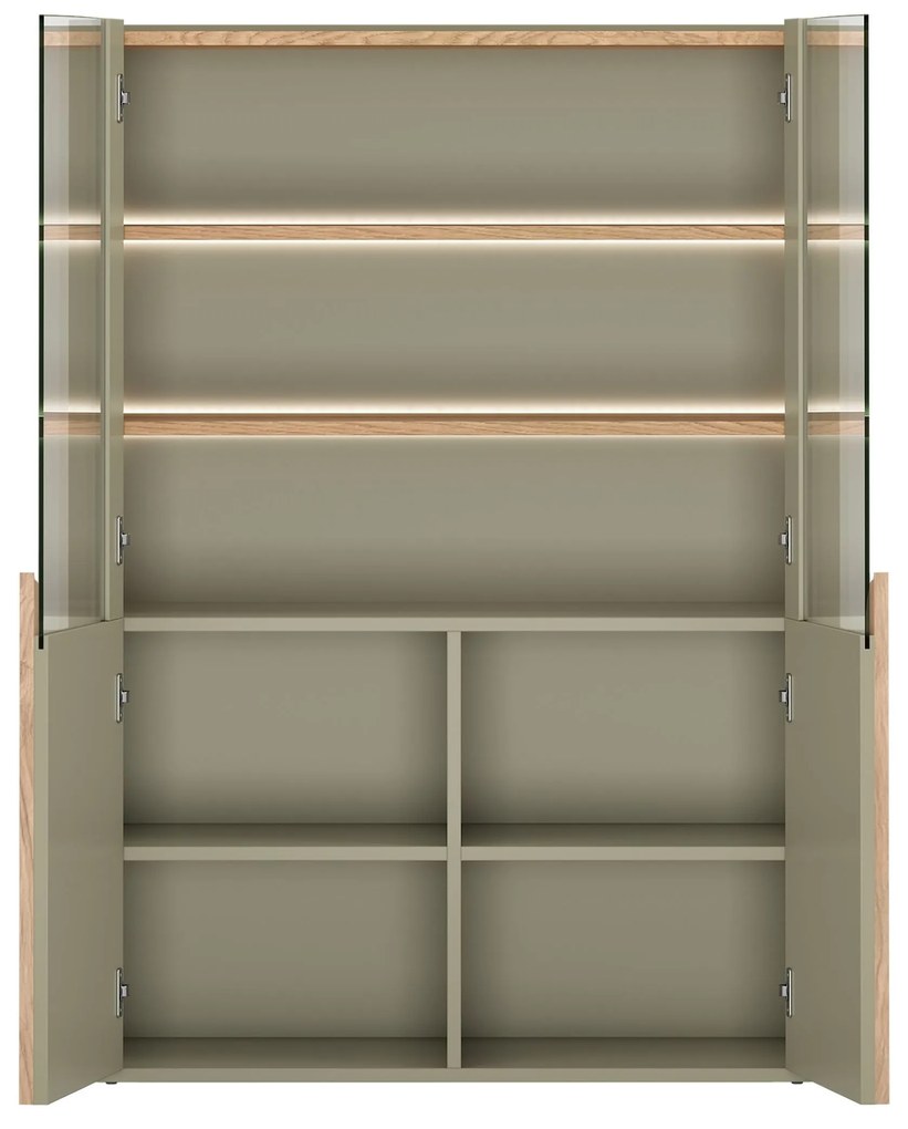 Amilio vitrines szekrény 100 cm, kétszárnyú - eukaliptusz / baltic dune tölgy / natúr tölgy fogantyúk