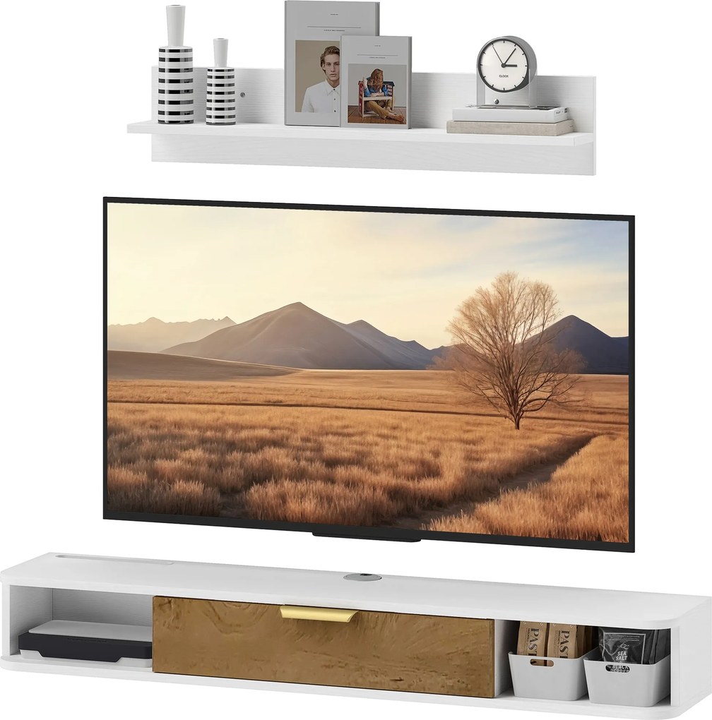 HOMCOM Nappali Bútor - Étkező Bútor Fali Polccal és TV Állvánnyal, Fiókokkal és Kábel Lyukkal, Fali TV-hez 120x24x16 cm Fehér | Aosom