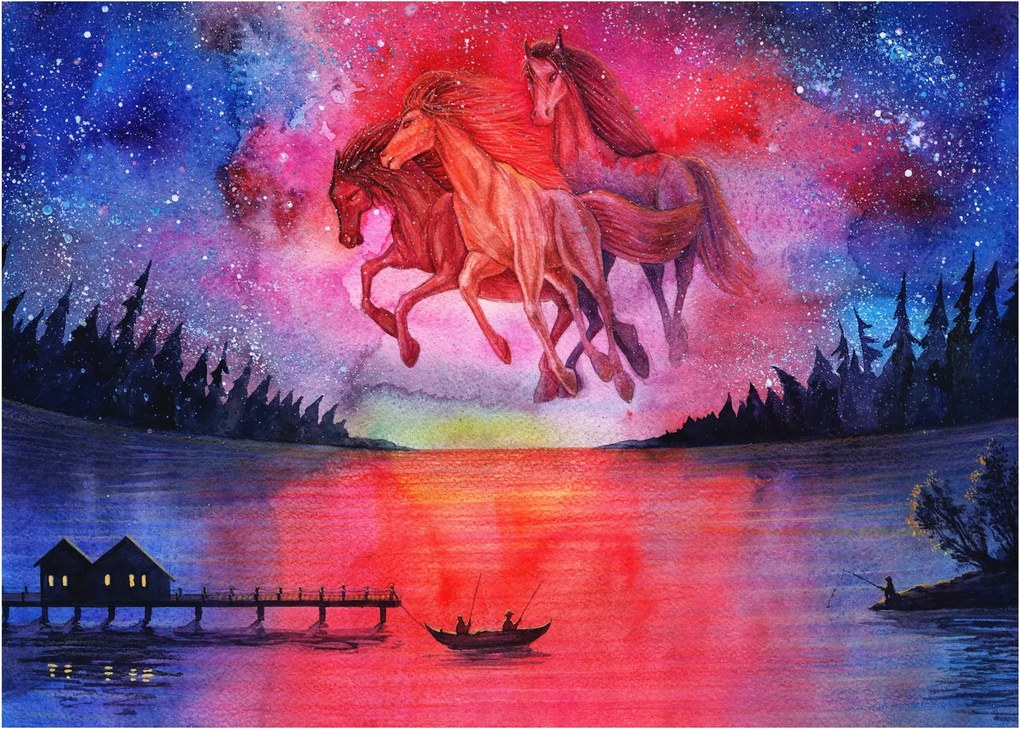Kép - Űrlovak jelenése a tó felett, aquarel (üvegen) (70x50 cm)