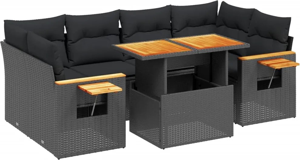 vidaXL 7 részes fekete polyrattan kerti ülőgarnitúra párnával