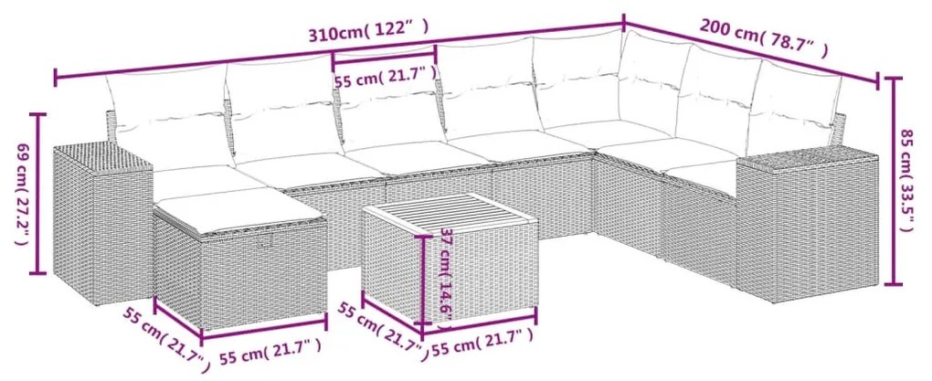 9 részes szürke polyrattan kerti ülőgarnitúra párnákkal