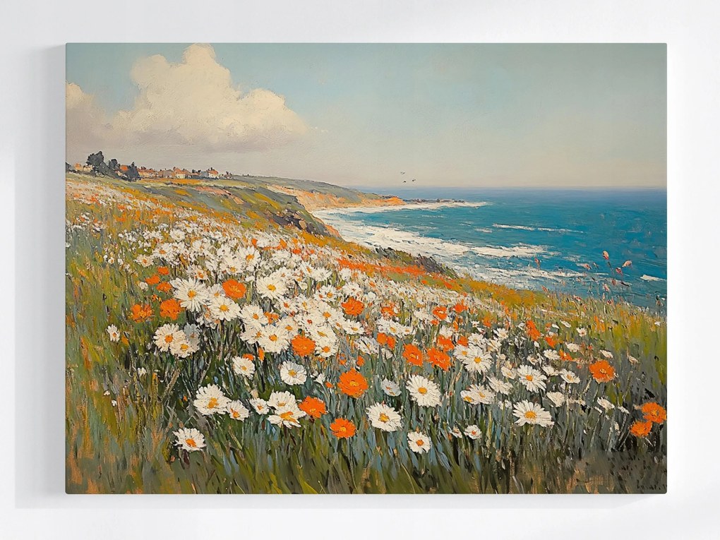 Vászonkép Canvas Tájkép Tenger Szikla Rét Virágok Pipacsok Margaréták 100x75